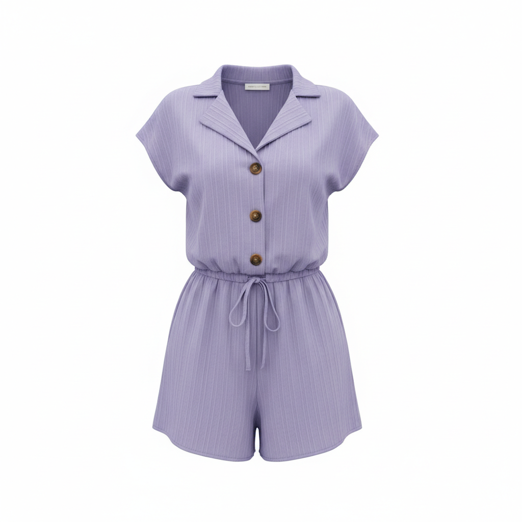 Women's 2-Piece Textured Lounge Set – Short Sleeve Button-Down Shirt & Matching Shorts