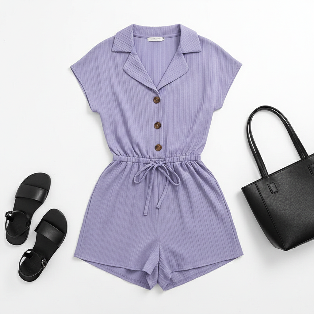Women's 2-Piece Textured Lounge Set – Short Sleeve Button-Down Shirt & Matching Shorts