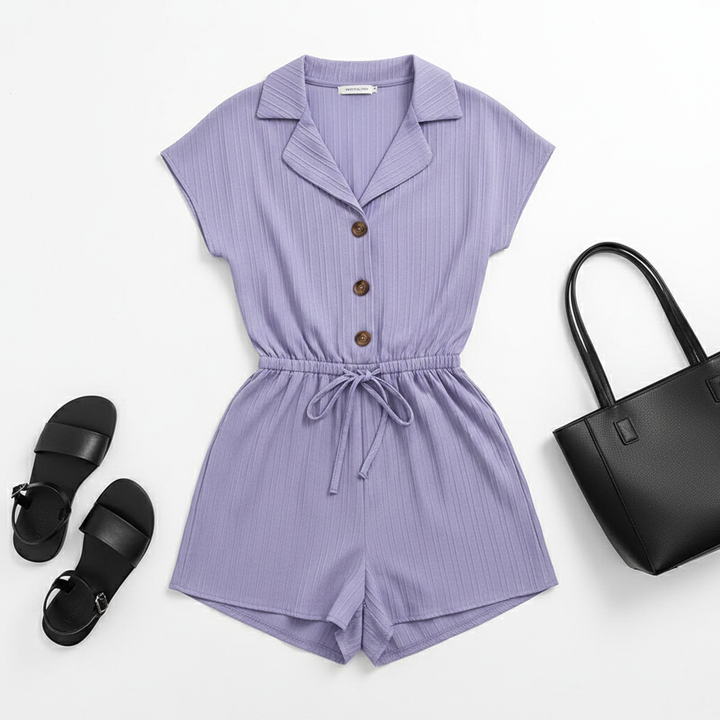 Women's 2-Piece Textured Lounge Set – Short Sleeve Button-Down Shirt & Matching Shorts