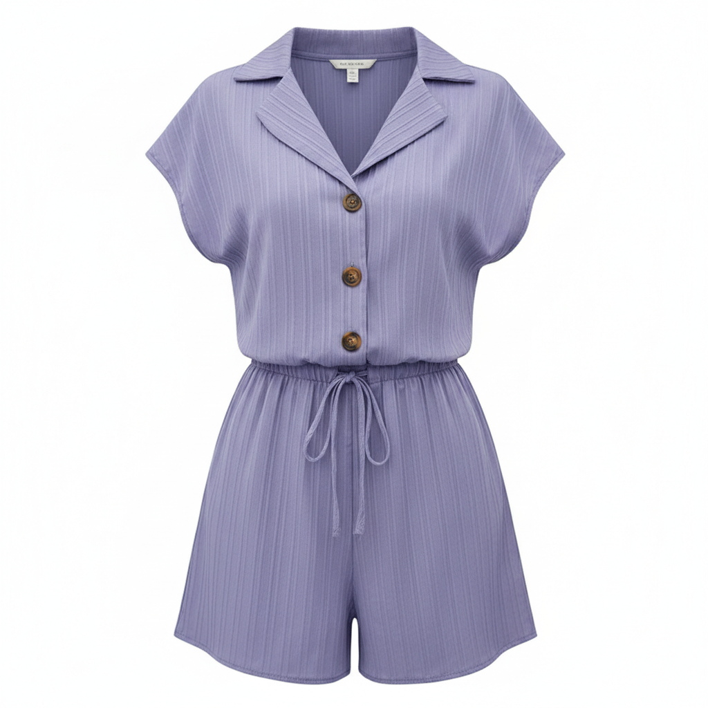 Women's 2-Piece Textured Lounge Set – Short Sleeve Button-Down Shirt & Matching Shorts