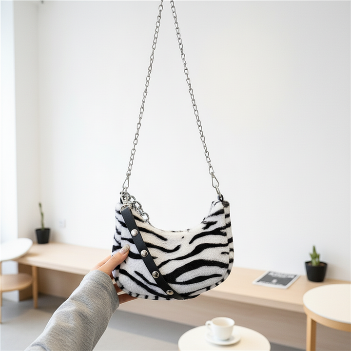 Leopard Print Velvet Baguette Shoulder Bag – Women’s Fashion Chain Crossbody Handbag