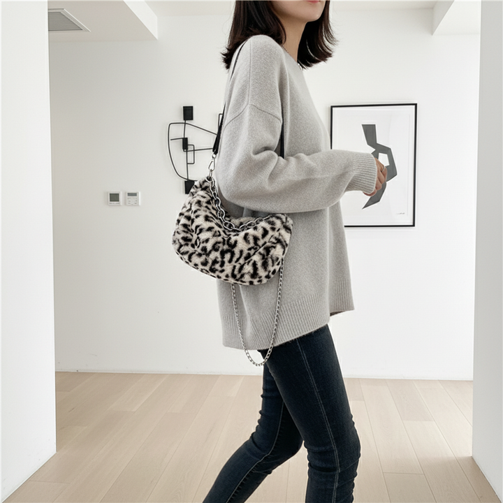 Leopard Print Velvet Baguette Shoulder Bag – Women’s Fashion Chain Crossbody Handbag