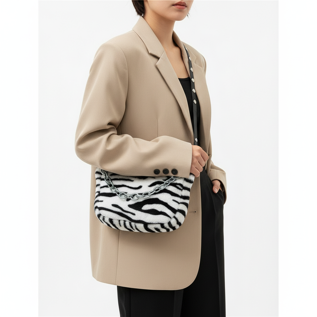 Leopard Print Velvet Baguette Shoulder Bag – Women’s Fashion Chain Crossbody Handbag
