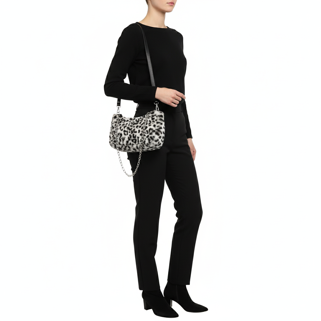 Leopard Print Velvet Baguette Shoulder Bag – Women’s Fashion Chain Crossbody Handbag