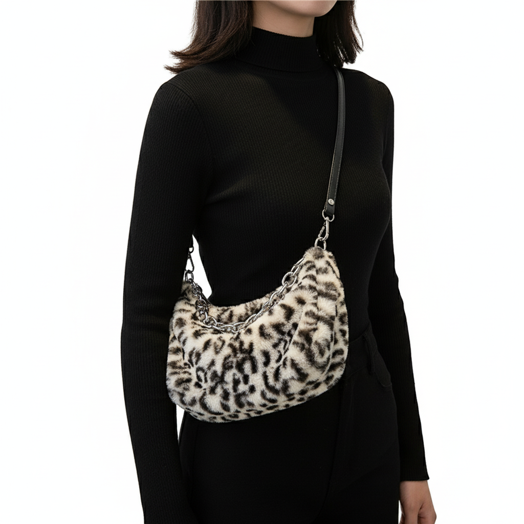 Leopard Print Velvet Baguette Shoulder Bag – Women’s Fashion Chain Crossbody Handbag