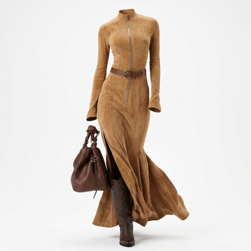Slim Zipper Dress Elegant Temperament Split Long-sleeved Dresses Cowboy Fashion Retro Women's Clothing
