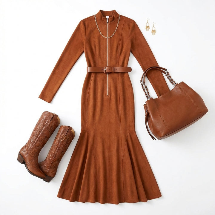 Slim Zipper Dress Elegant Temperament Split Long-sleeved Dresses Cowboy Fashion Retro Women's Clothing