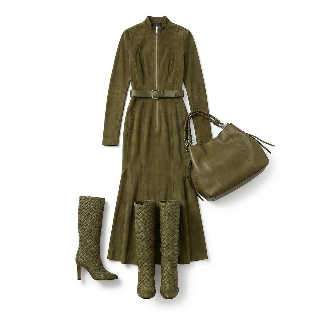 Slim Zipper Dress Elegant Temperament Split Long-sleeved Dresses Cowboy Fashion Retro Women's Clothing