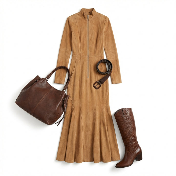 Slim Zipper Dress Elegant Temperament Split Long-sleeved Dresses Cowboy Fashion Retro Women's Clothing
