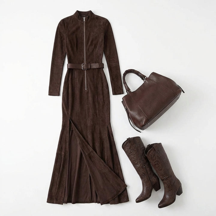 Slim Zipper Dress Elegant Temperament Split Long-sleeved Dresses Cowboy Fashion Retro Women's Clothing