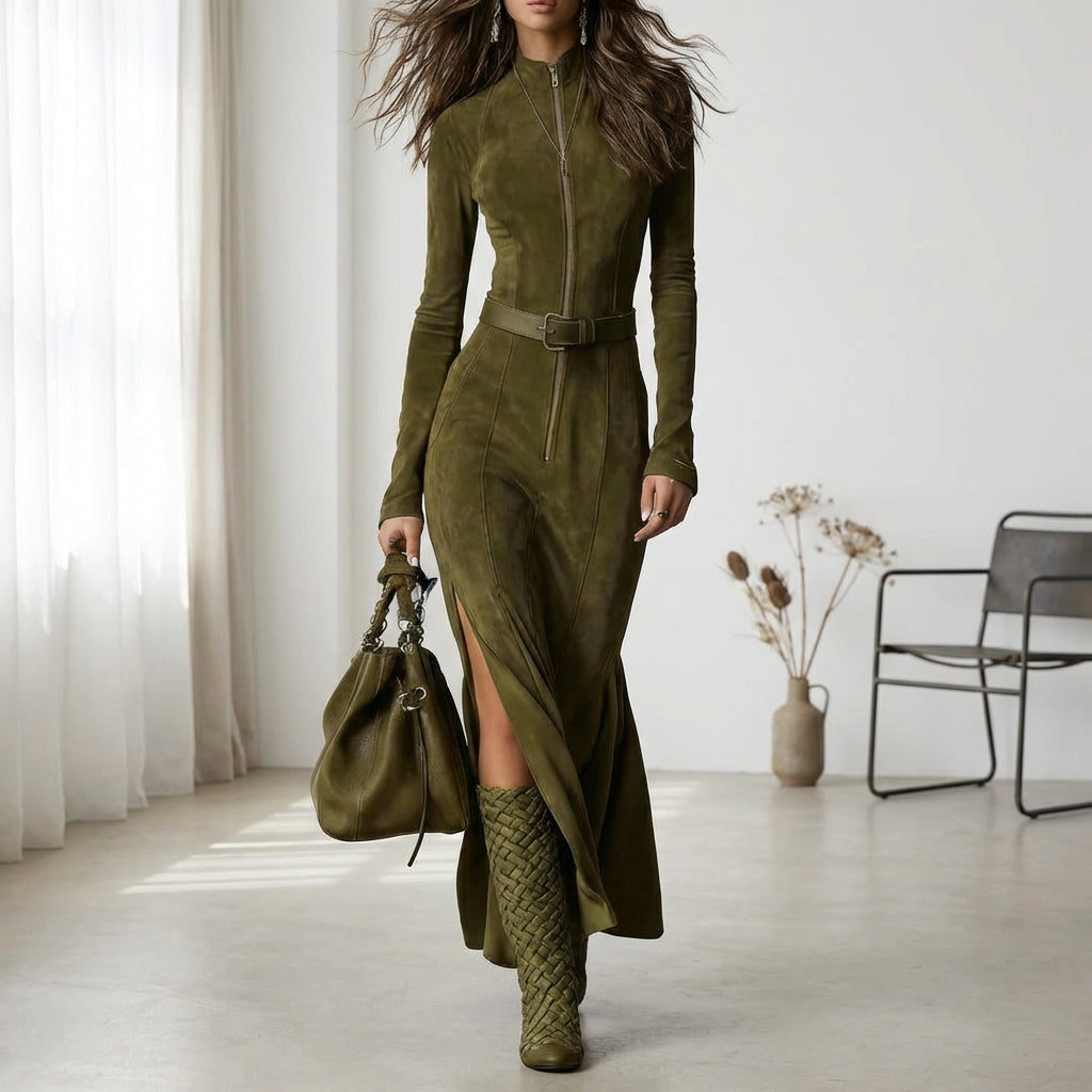 Slim Zipper Dress Elegant Temperament Split Long-sleeved Dresses Cowboy Fashion Retro Women's Clothing