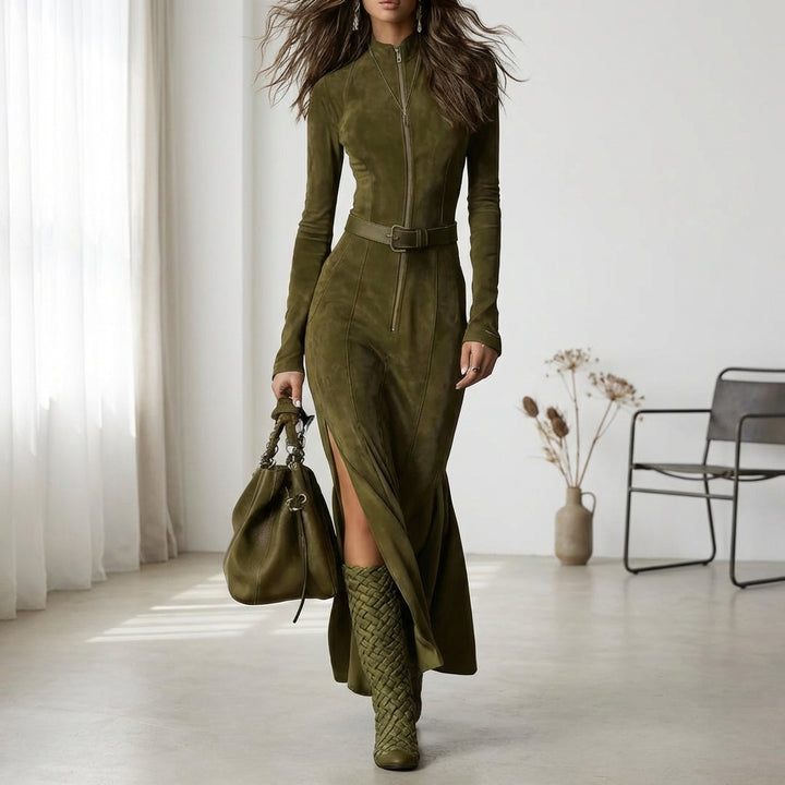 Slim Zipper Dress Elegant Temperament Split Long-sleeved Dresses Cowboy Fashion Retro Women's Clothing