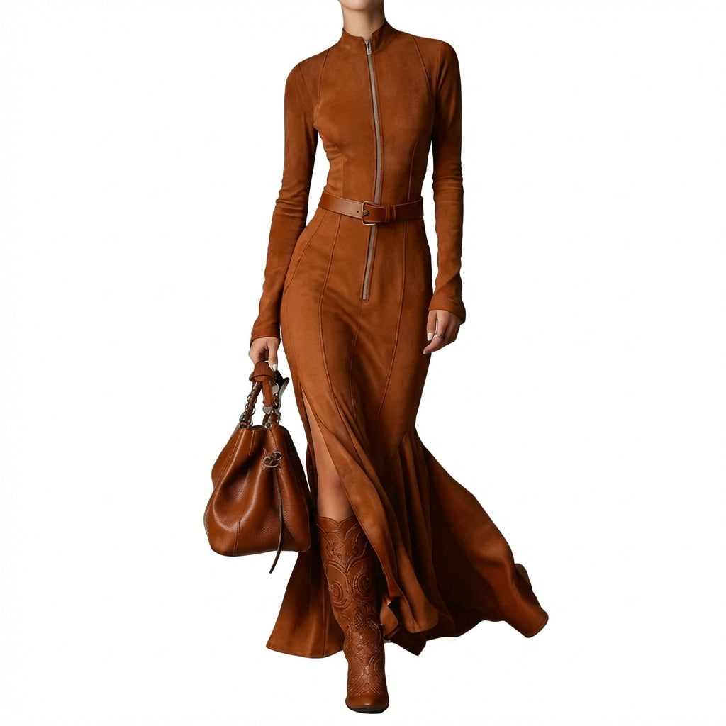 Slim Zipper Dress Elegant Temperament Split Long-sleeved Dresses Cowboy Fashion Retro Women's Clothing
