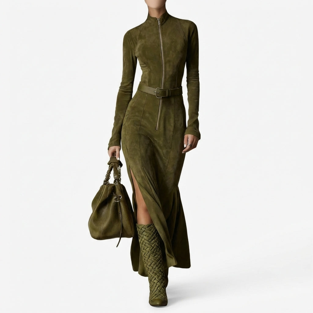 Slim Zipper Dress Elegant Temperament Split Long-sleeved Dresses Cowboy Fashion Retro Women's Clothing