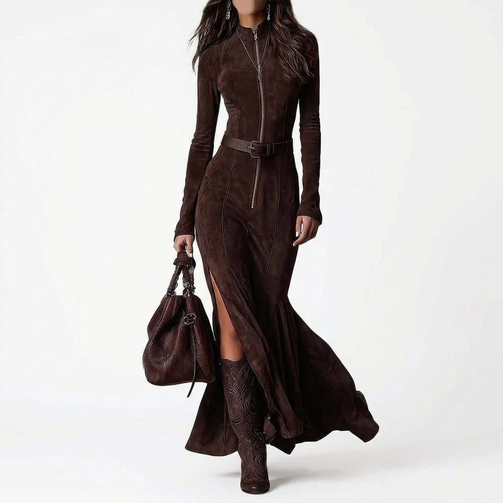 Slim Zipper Dress Elegant Temperament Split Long-sleeved Dresses Cowboy Fashion Retro Women's Clothing