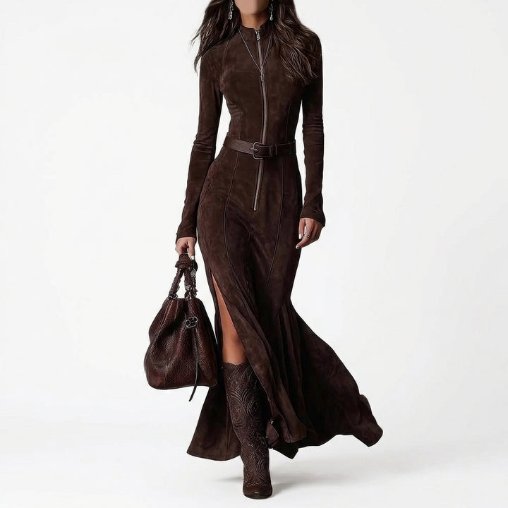 Slim Zipper Dress Elegant Temperament Split Long-sleeved Dresses Cowboy Fashion Retro Women's Clothing