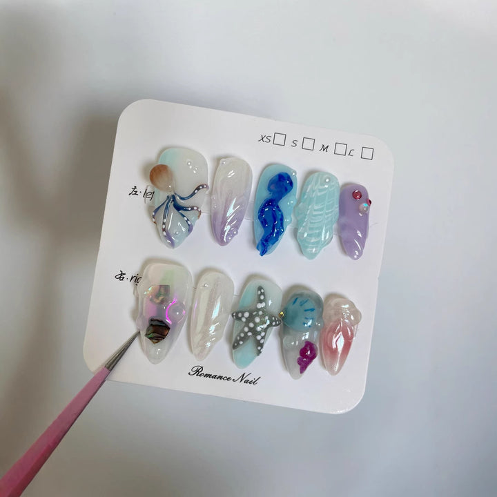 3D Hand-Painted Underwater World Long Press-On Nails — Premium Ocean Design, Almond, Sizes XS–L (Set A)