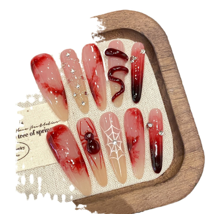 New Chinese Style Long Red Press-On Nails — Elegant Oriental Design, Festive Handmade Manicure