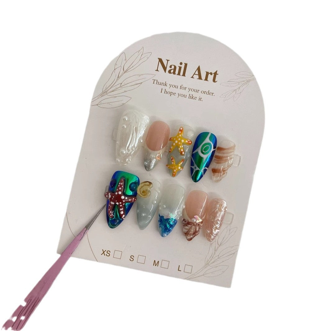 3D Hand-Painted Underwater World Long Press-On Nails — Almond Shape, Ocean Motif, Sizes XS–L (Set B)