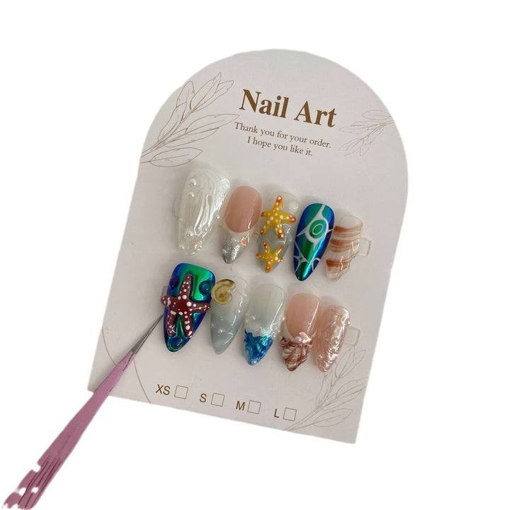 3D Hand-Painted Underwater World Long Press-On Nails — Almond Shape, Ocean Motif, Sizes XS–L (Set B)