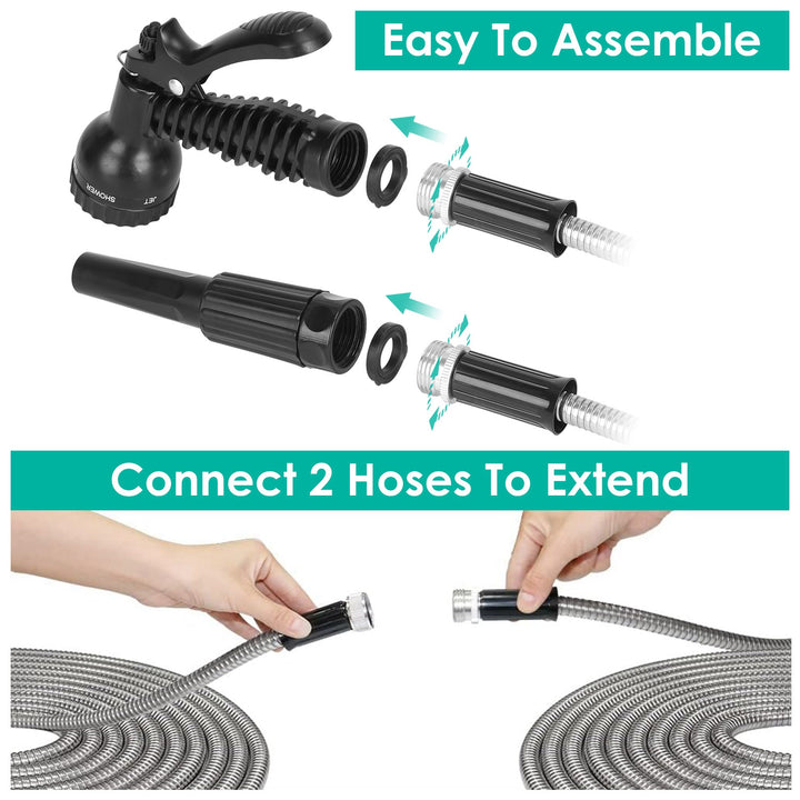 Heavy Duty Stainless Steel Garden Hose Kit — 25ft / 50ft / 100ft, Kink-Free, 12-Pattern Nozzle, Dog-Proof (2 Nozzles)