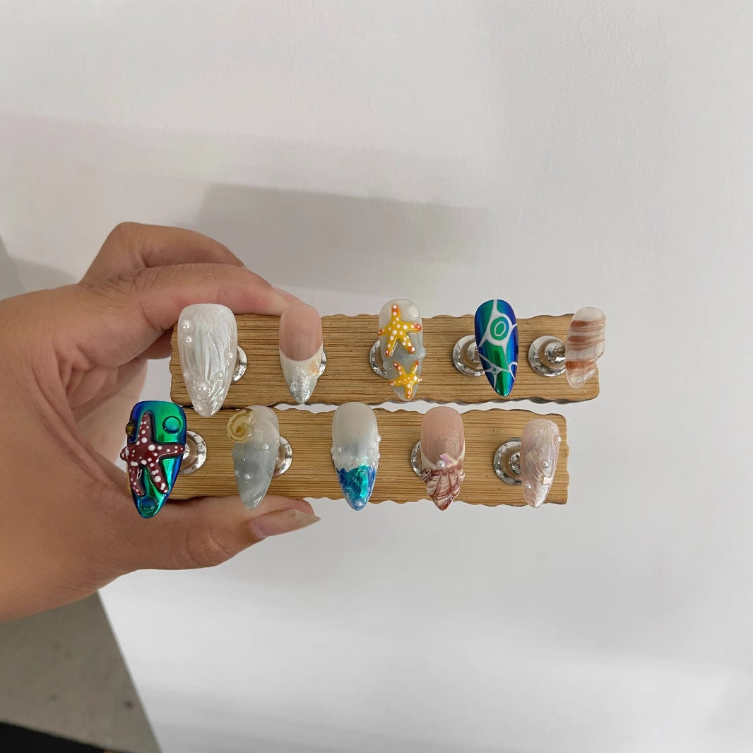 3D Hand-Painted Underwater World Long Press-On Nails — Almond Shape, Ocean Motif, Sizes XS–L (Set B)