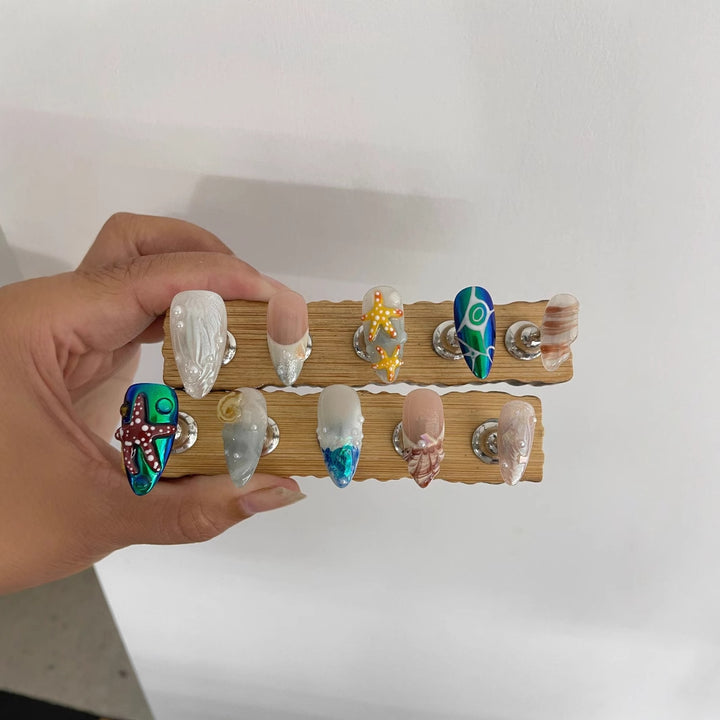 3D Hand-Painted Underwater World Long Press-On Nails — Almond Shape, Ocean Motif, Sizes XS–L (Set B)