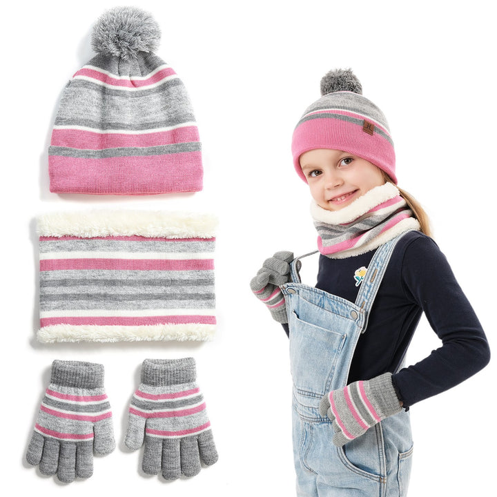 Kids Winter Knitted Hat, Scarf & Gloves Set — 3-Piece Warm Beanie, Neck Warmer & Mittens for Boys & Girls Age 4–7 (Orange/Purple)