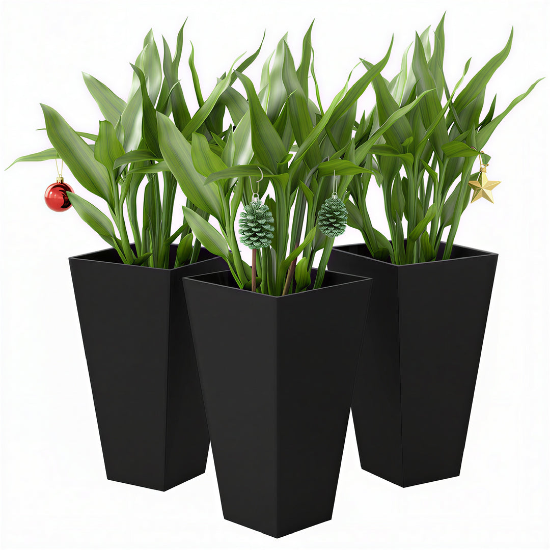 Set of 3 Grande 28in Tall Outdoor Planters — Tapered with Drainage Holes, Front Porch & Patio Décor (Black)