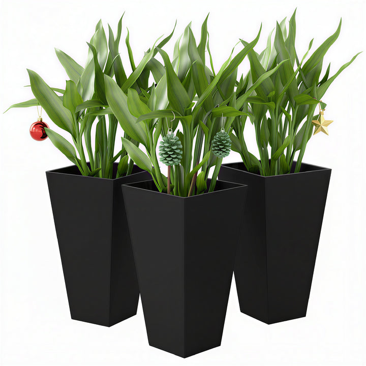 Set of 3 Grande 28in Tall Outdoor Planters — Tapered with Drainage Holes, Front Porch & Patio Décor (Black)