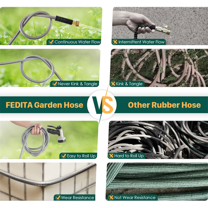 100ft Stainless Steel Metal Garden Hose — Flexible, Kink-Free, with 10-Pattern Spray Nozzle & 2 Nozzles