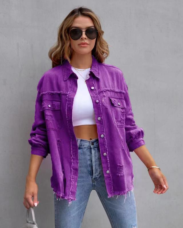 Women's Oversized Ripped Shacket – Casual Distressed Shirt Jacket for Fall & Spring