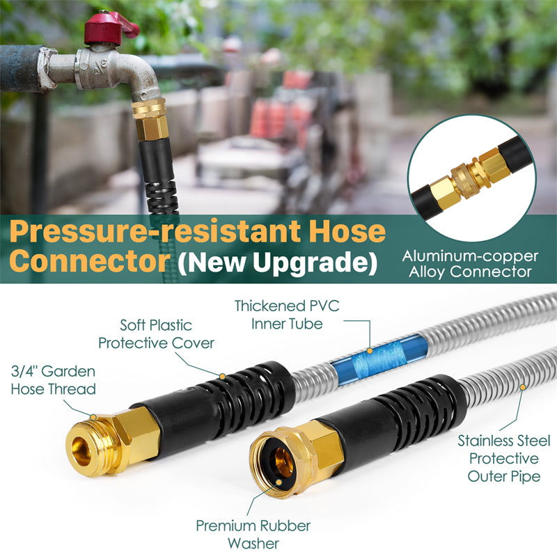 100ft Stainless Steel Metal Garden Hose — Flexible, Kink-Free, with 10-Pattern Spray Nozzle & 2 Nozzles