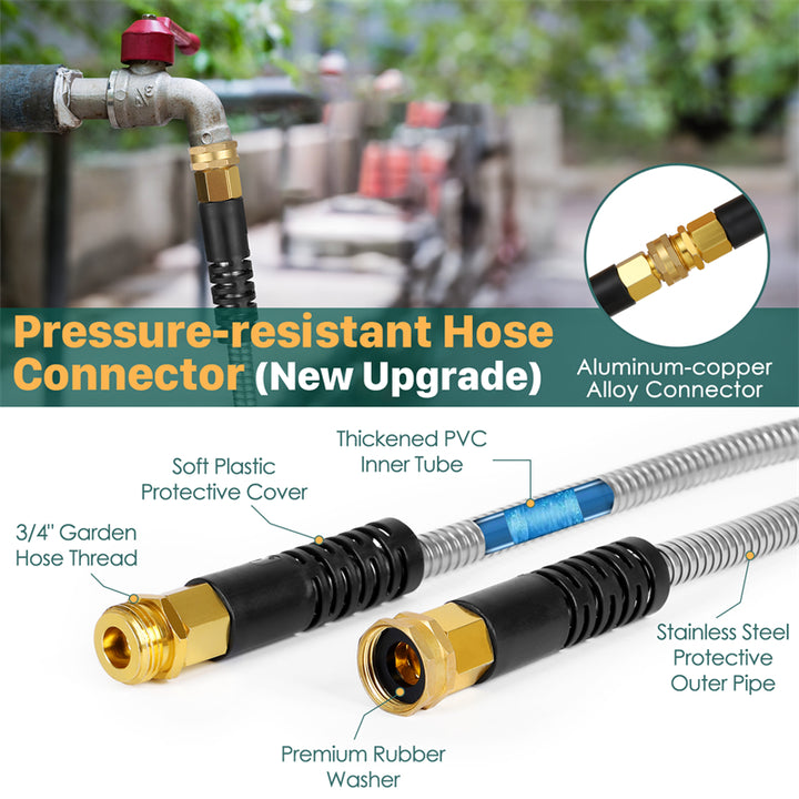 100ft Stainless Steel Metal Garden Hose — Flexible, Kink-Free, with 10-Pattern Spray Nozzle & 2 Nozzles