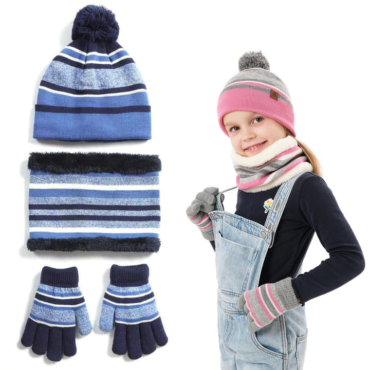 Kids Winter Knitted Hat, Scarf & Gloves Set — 3-Piece Warm Beanie, Neck Warmer & Mittens for Boys & Girls Age 4–7 (Orange/Purple)