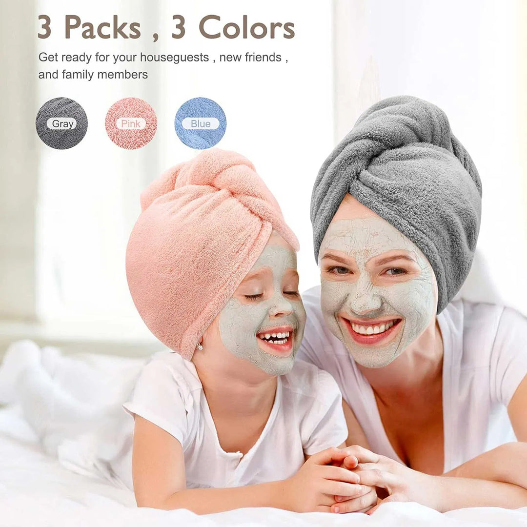 3-Pack Microfiber Hair Towel Wraps — Ultra-Absorbent Turbans for Curly, Long & Thick Hair (Blue, Grey & Pink)