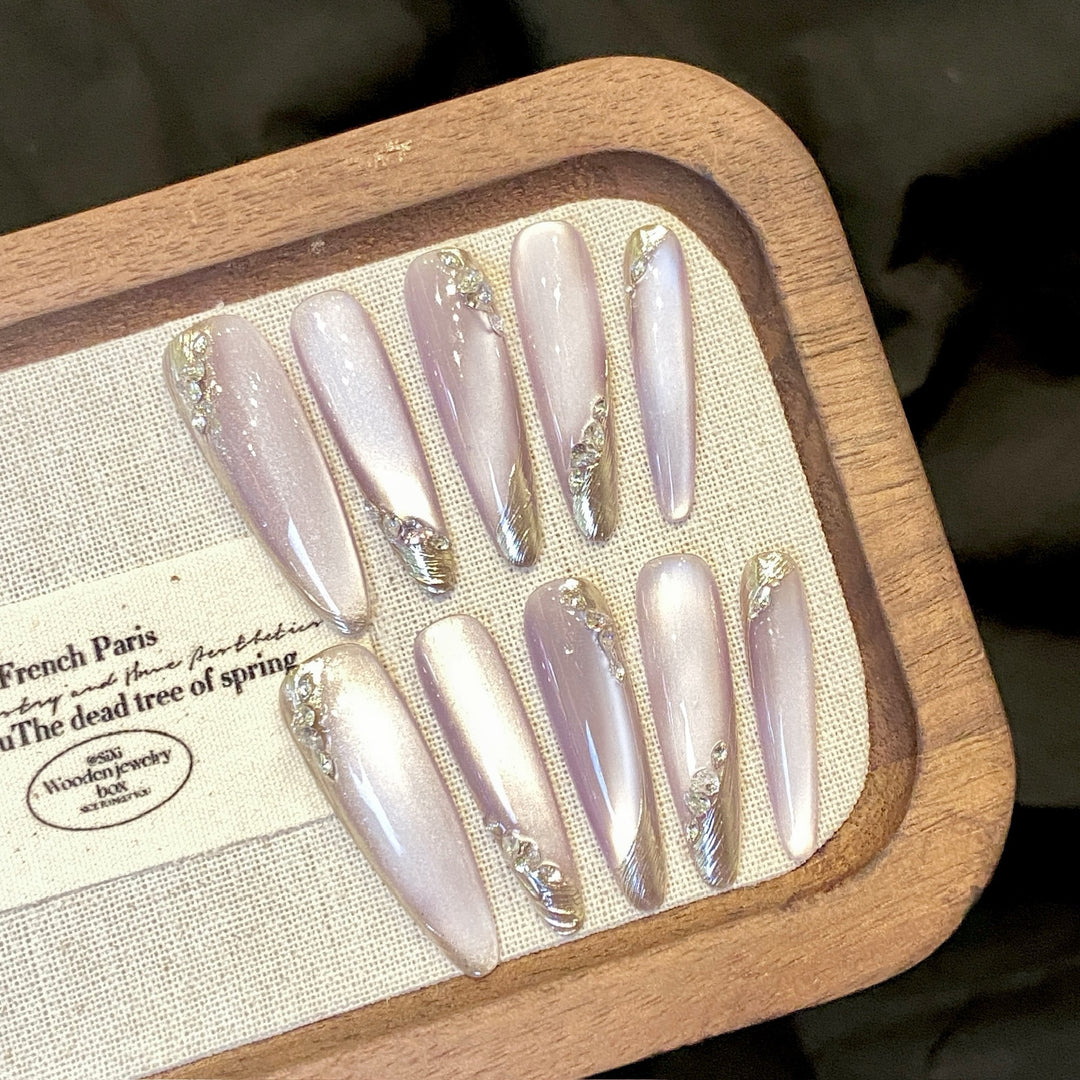 French Moon Shadow Rhinestone Press-On Nails — Gradient Glitter, Removable Wearable Armor