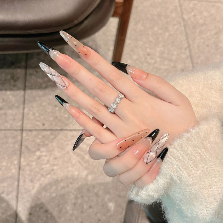 French Black Edge Handmade Press-On Nails — Classic Style, XS–L, 3 Shapes Available