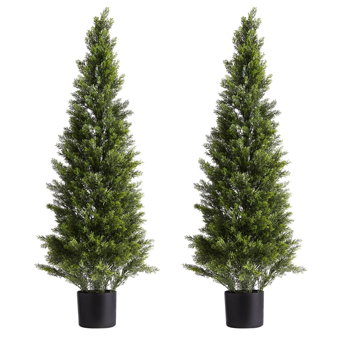 Artificial Cedar Topiary Trees — 48in Faux Pine Shrubs, Set of 2, UV-Resistant for Front Porch, Patio, Garden & Indoor Décor