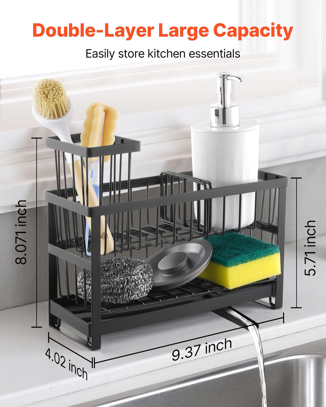 Kitchen Sink Caddy Sponge Holder — Countertop Organizer for Kitchen Essentials Storage (Black)