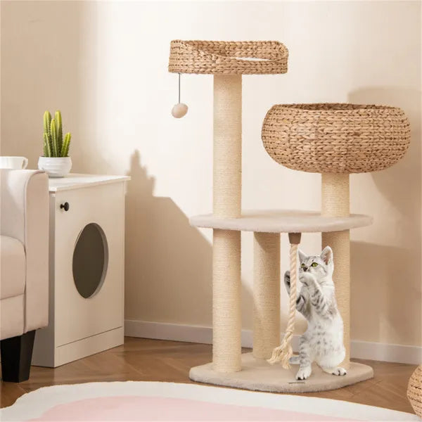 41 Inch Hand-Woven Water Hyacinth Cat Tree, 3 Sisal Scratching Posts Multi-Level Activity Center For Cats-White