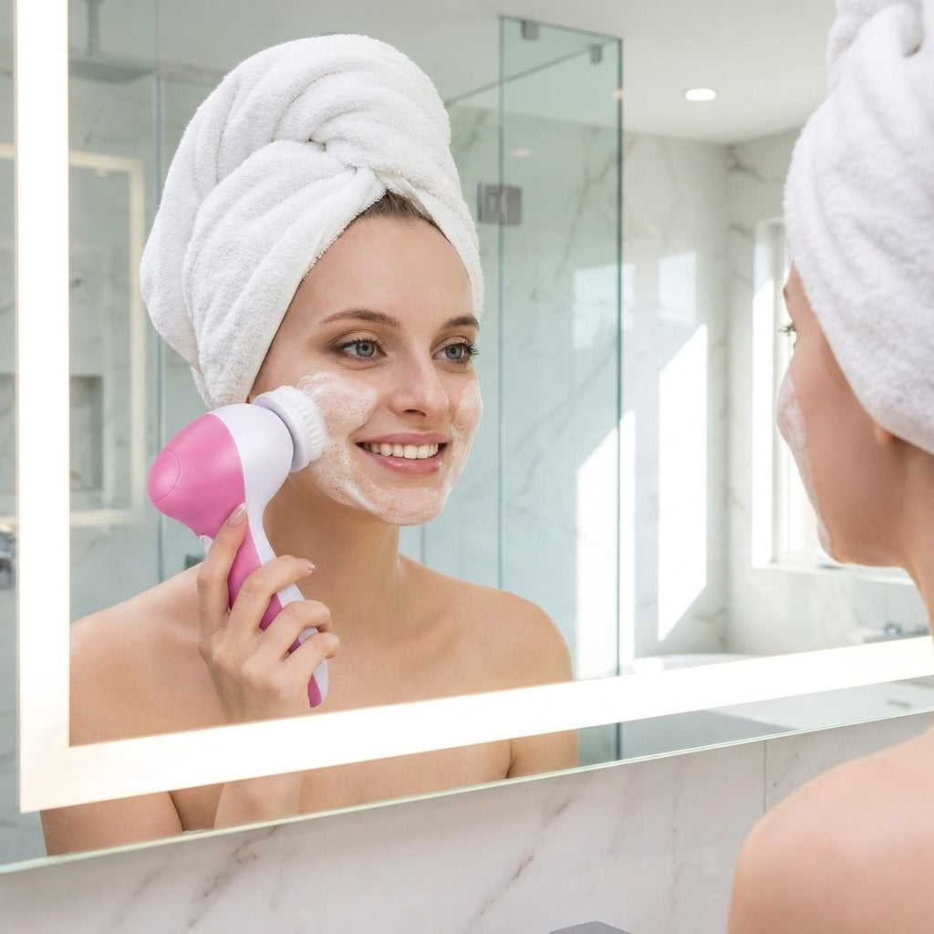 Waterproof Electric Facial Cleansing Spin Brush — 5 Interchangeable Brush Heads for Women (Pink)