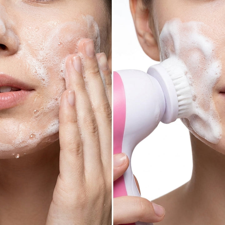 Waterproof Electric Facial Cleansing Spin Brush — 5 Interchangeable Brush Heads for Women (Pink)