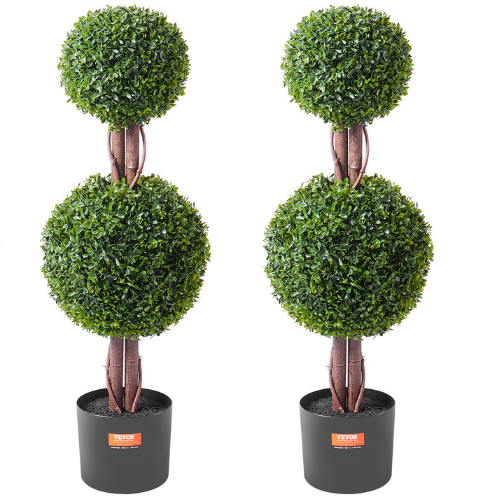Artificial Double Ball Boxwood Topiary Trees — 36in Set of 2, UV-Rated, with Extra Leaves, Pot & Decoration, Indoor/Outdoor