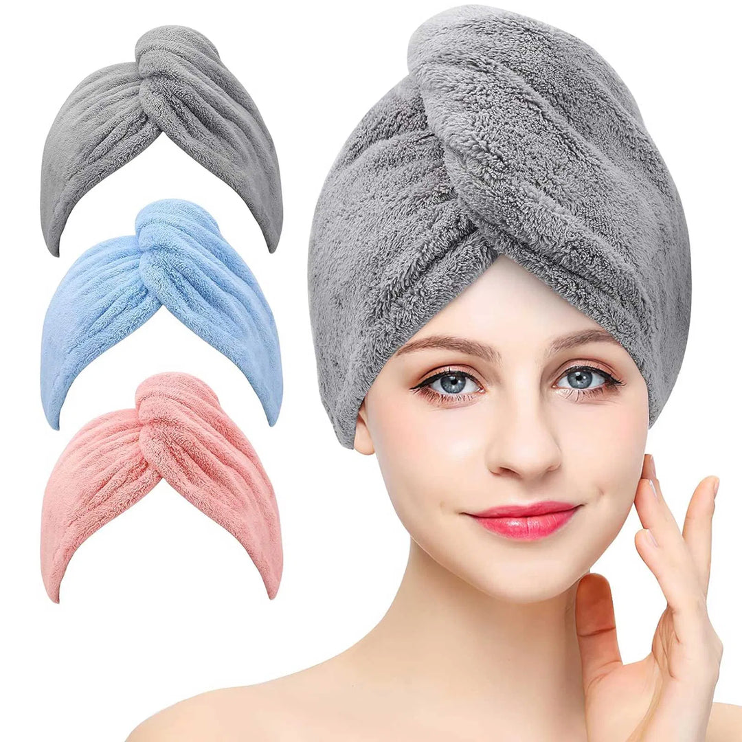 3-Pack Microfiber Hair Towel Wraps — Ultra-Absorbent Turbans for Curly, Long & Thick Hair (Blue, Grey & Pink)