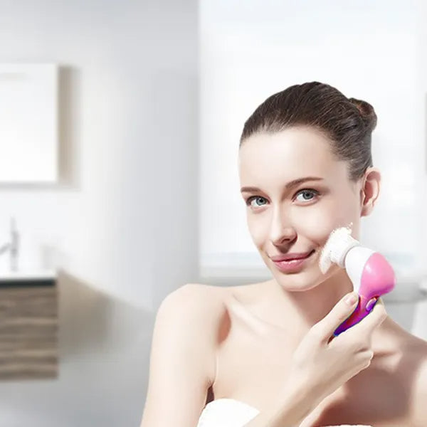 Waterproof Electric Facial Cleansing Spin Brush — 5 Interchangeable Brush Heads for Women (Pink)