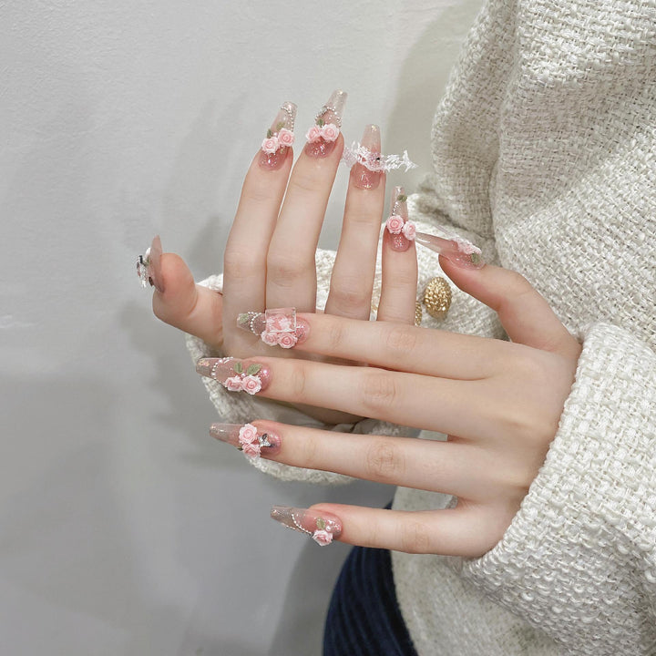 Handmade UV-Cured Nail Beauty Patches — Finished Press-On Nails, Long Ladder Style (1456)