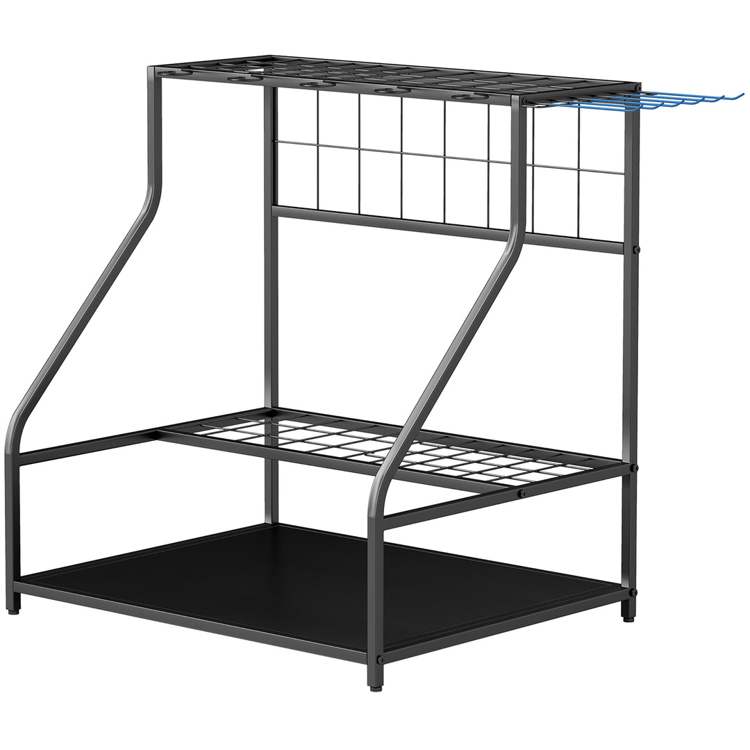 3-Tier Garden Tool Storage Rack — Wall-Mount Organiser with Hooks for Long-Handled Tools, Brooms & Shovels (Blue)