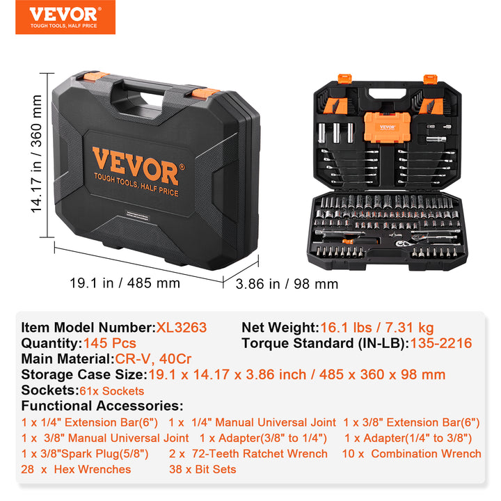 VEVOR 145-Piece Mechanics Tool & Socket Set — SAE & Metric, Deep & Standard Sockets, Combination Wrenches, Hex Keys & Storage Case