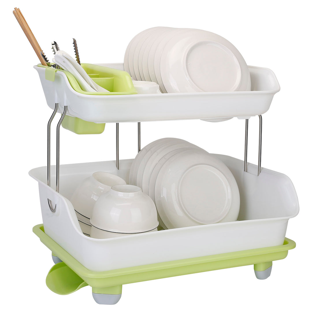 2-Tier Dish Drying Rack — Cutlery Drainer, Holder & Kitchen Storage Shelf (Green & White)